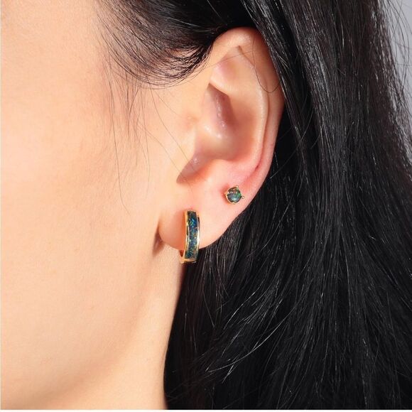14K Yellow Gold Genuine Green Black Fire Opal Huggie and Stud Earrings Set of 2 - Picture 5 of 5